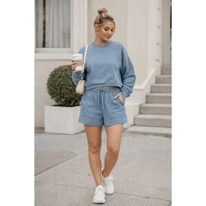 Merokeety Blue Lounge Set Sweatshirt Shorts Matching Set Medium Athleisure
